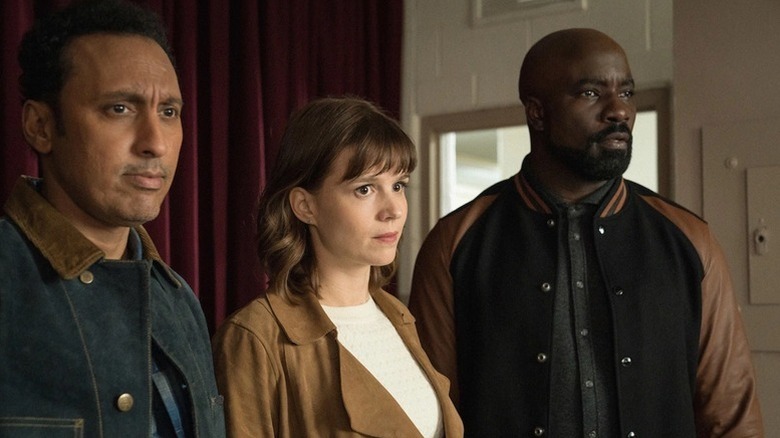 Aasif Mandvi as Ben, Katja Herbers as Kristen, and Mike Colter as David, all looking perplexed in Evil