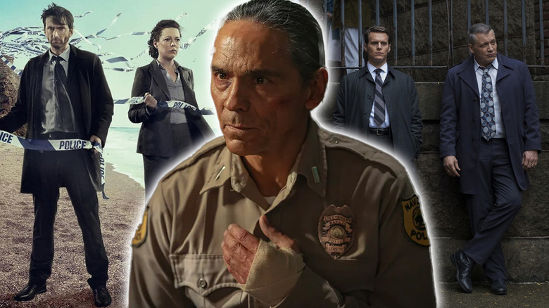 Images from Broadchurch and Mindhunter around Zahn McClarnon in Dark Winds