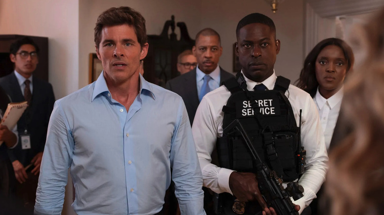 Sterling K. Brown and James Marsden as Secret Service Agent Xavier Collins and the President of the United States in Paradise