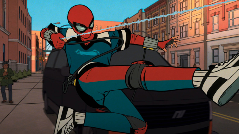 Peter Parker swinging in his first home made Spider-Man costume in Your Friendly Neighborhood Spider-Man