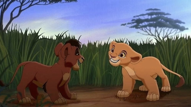 Young Kovu (voiced by Ryan O'Donohue), and Young Kiara (voiced by Michelle Horn) meeting in The Lion King II: Simba's Pride