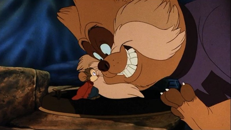 Fievel Mousekewitz comes face to face with a grinning Tiger the cat in An American Tail
