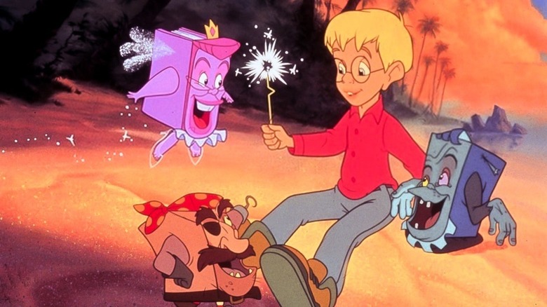 Fantasy, Adventure, and Horror sit around Richard Tyler and the magic wand in The Pagemaster