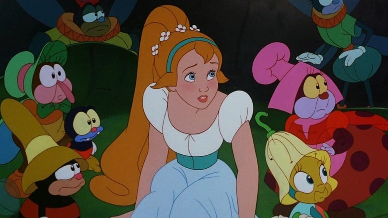 Thumbelina hides among her bug friends to escape Grundel in Thumbelina