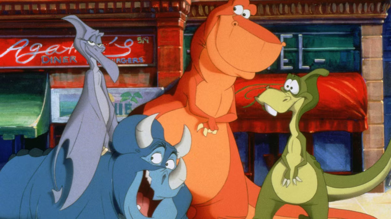 Elsa, Woog, Rex, and Dweeb happily wander around New York City In We're Back! A Dinosaur's Story