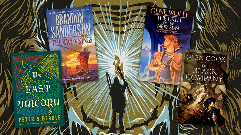 A Game of Thrones book cover with book covers for The Last Unicorn, The Way of Kings, The Black Company, and The Urth of the New Son superimposed on top of it