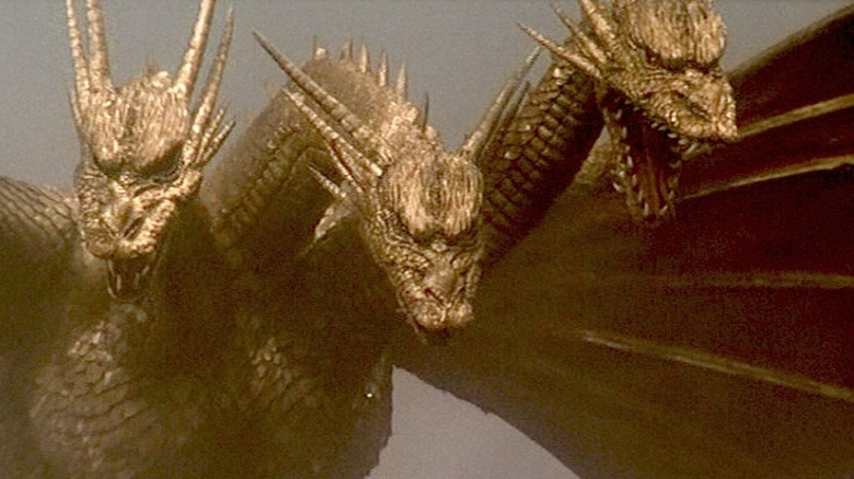 King Ghidorah roars as it flies through the air in Ghidorah, the Three-Headed Monster