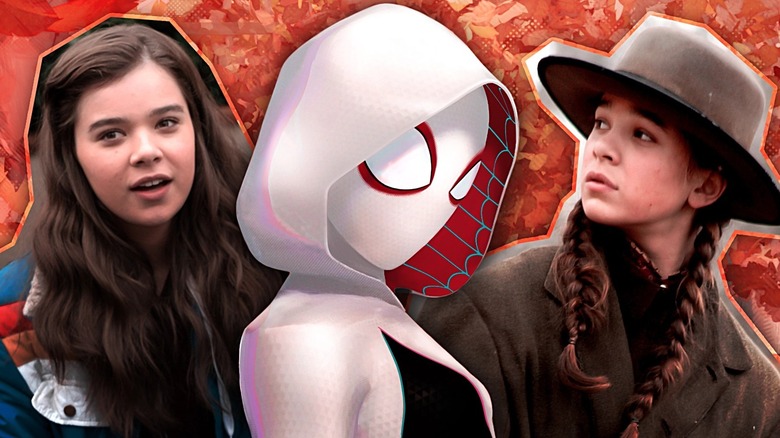 Spider-Gwen (masked) from Spider-Man: Into the Spider-Verse in the middle, and on the sides, Hailee Steinfeld as Nadine in The Edge of Seventeen and as Mattie in True Grit.