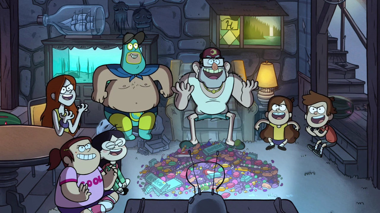 Dipper, Mabel, Grunkle Stan, and friends watching TV on Gravity Falls