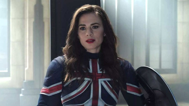 Hayley Atwell as Captain Carter, sitting with the illuminati in Doctor Strange in the Multiverse of Madness