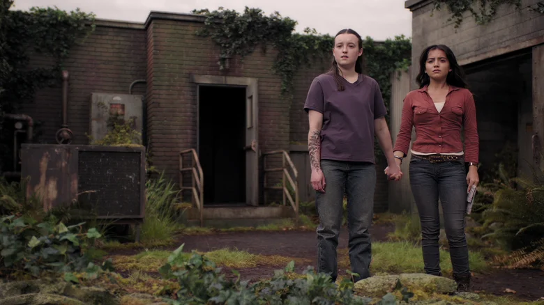 Ellie and Dina staring out at the Seattle skyline while holding hands in The Last of Us season 2