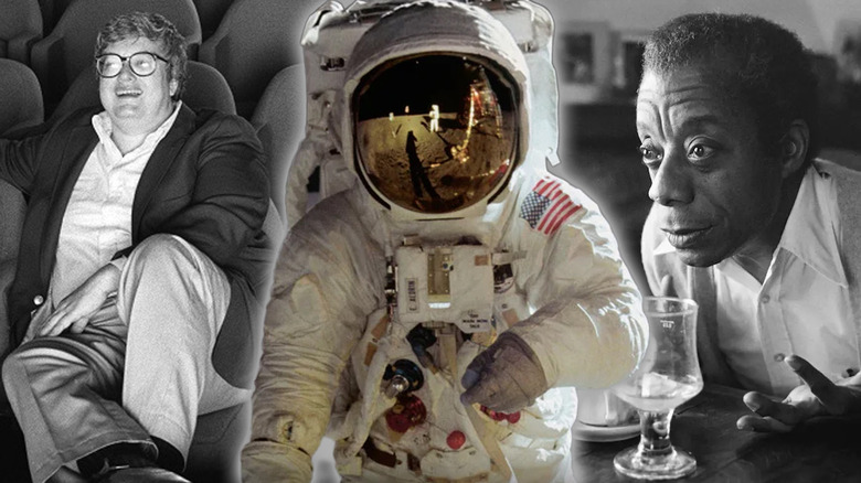An astronaut from Apollo 11 surrounded by shots from Life Itself and I Am Not Your Negro in a composite image