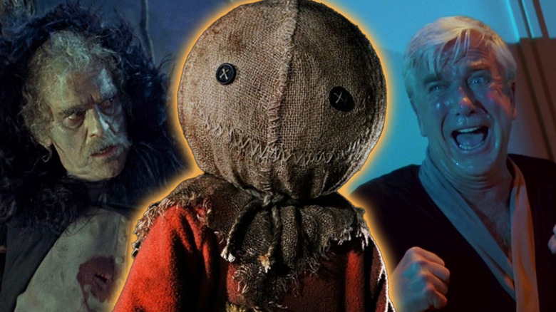Sam from Trick R Treat surrounded by shots from Creepshow and Black Sabbath