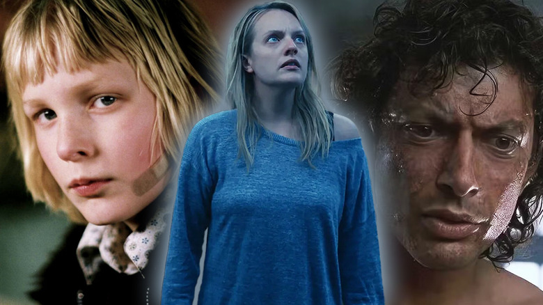 Elisabeth Moss in The Invisible Man surrounded by Jeff Goldblum in The Fly and Kåre Hedebrant in Let the Right One In in a composite image