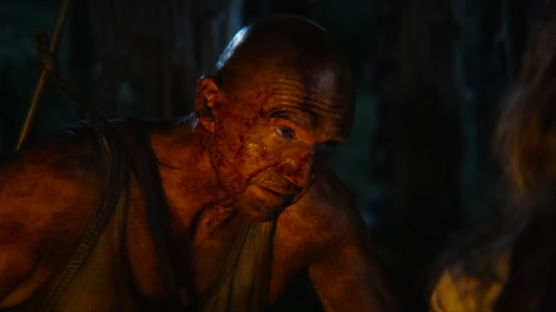 Ralph Fiennes as Ian Kelson, kneeling next to a fire in 28 Years Later