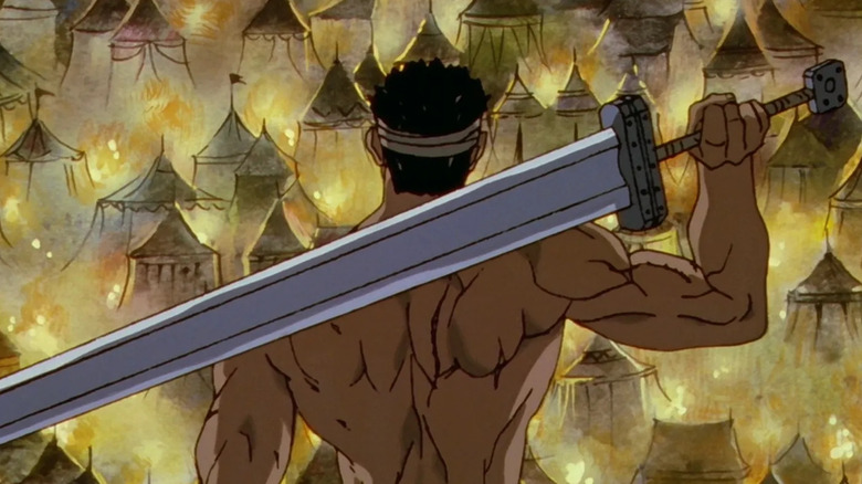 Guts wields a sword over his shoulder and looks at a village in Berserk.