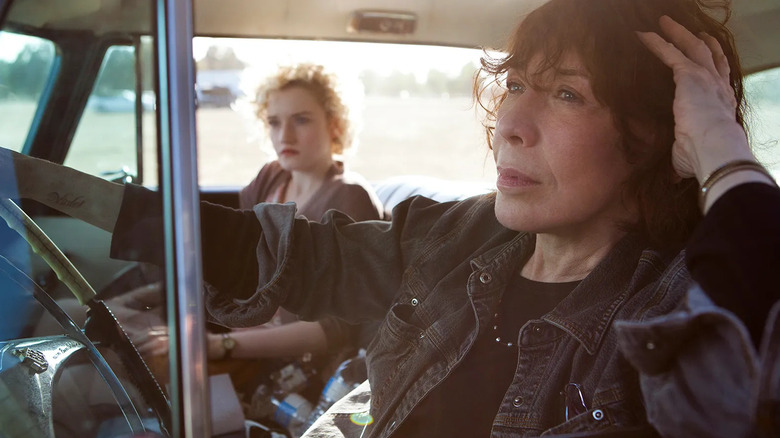 Lily Tomlin and Julia Garner as Ellie and Sage, riding in a car in Grandma