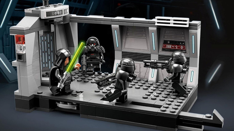 A LEGO model of Luke Skywalker fighting Dark Troopers