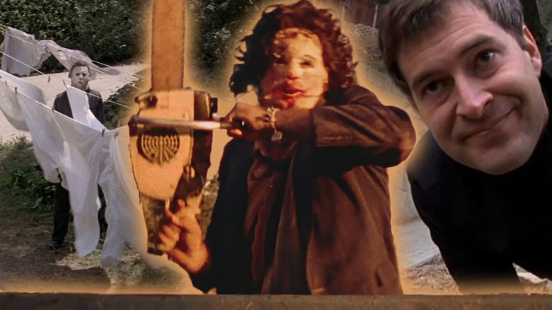 Leatherface in The Texas Chain Saw Massacre surrounded by shots from Halloween (1978) and Creep in a composite image