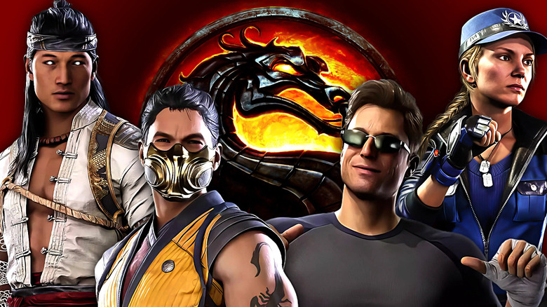 A collage of the Mortal Kombat logo surrounded by Liu Kang in Mortal Kombat 1, Scorpion in Mortal Kombat 1, Johnny Cage in Mortal Kombat 1, and Sonya Blade in Mortal Kombat 11