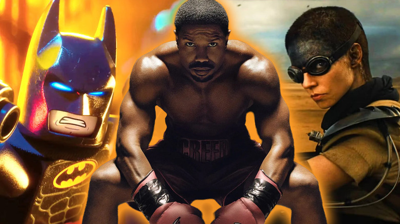 Michael B. Jordan as Creed surrounded by The LEGO Batman Movie and Furiosa: A Mad Max Saga in a composite image