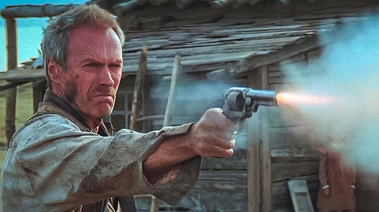 Clint Eastwood as William "Will" Munny in Unforgiven shooting his pistol