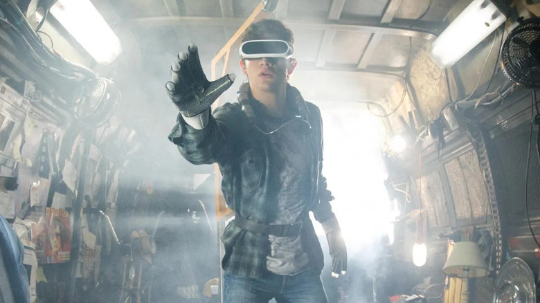 Tye Sheridan as Wade Watts, wearing an Oasis rig in his home in Ready Player One