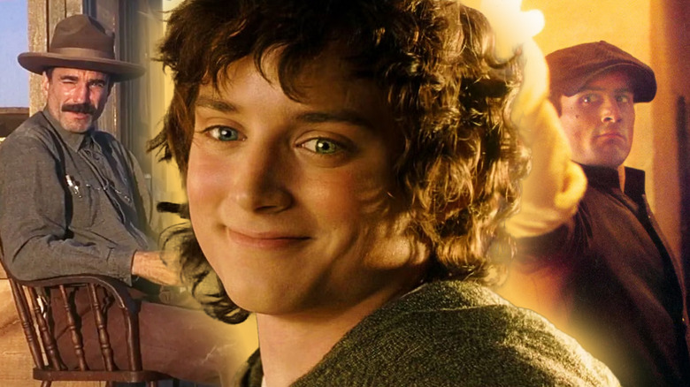 Elijah Wood as Frodo in Lord of the Rings: Return of the King surrounded by Daniel Plainview in There Will Be Blood and Robert De Niro as Vito Corleone