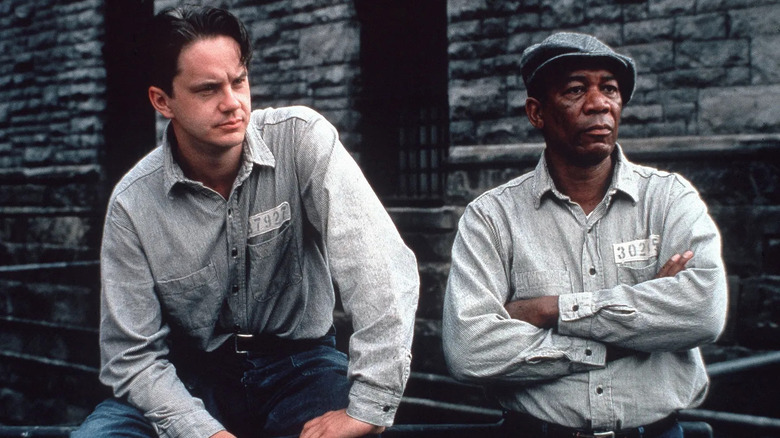 Tim Robbins as Andy Dufresne and Morgan Freeman as Ellis Boyd "Red" Redding in The Shawshank Redemption.