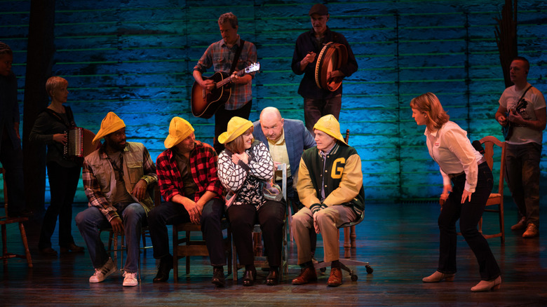 The cast and musical ensemble of Come From Away, performing the stage musical for the live, filmed version.