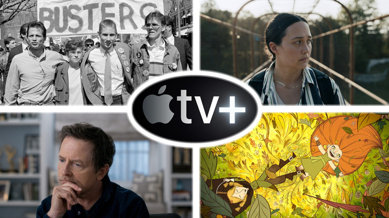 A composite image of Deaf President Now, Fancy Dance, Still: A Michael J. Fox Story, Wolfwalkers around the Apple TV+ logo
