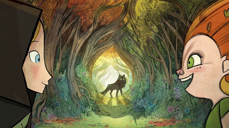Mebh Óg Mactíre and Robyn Goodfellowe, voiced by Eva Whittaker and Honor Kneafsey, respectively, in Wolfwalkers, looking at each other with a wolf in the center frame.