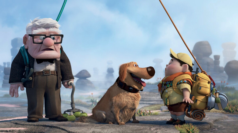 Animated Russell in Boy Scout-esque uniform flattened against Carl's house as Carl opens the door in shock in Up