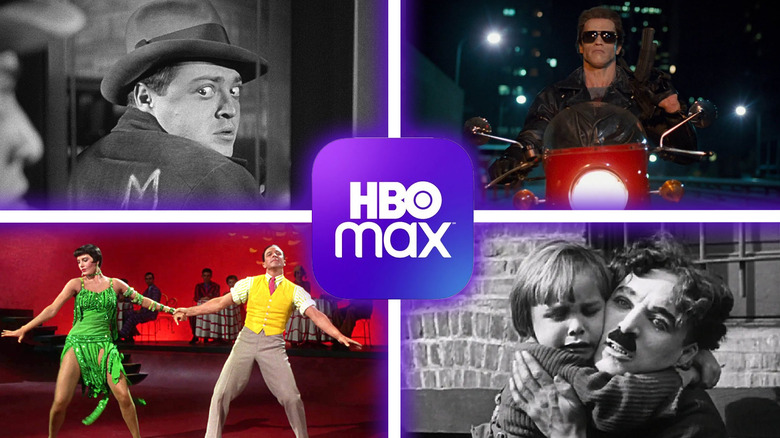 Images from M, The Terminator, Singin' in the Rain, and The Kid surrounding the HBO Max app box