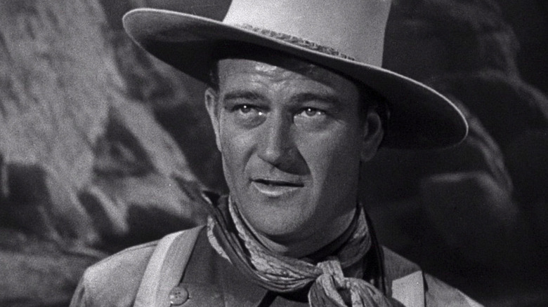 John Wayne as Ringo Kid, looking up in surprise in Stagecoach