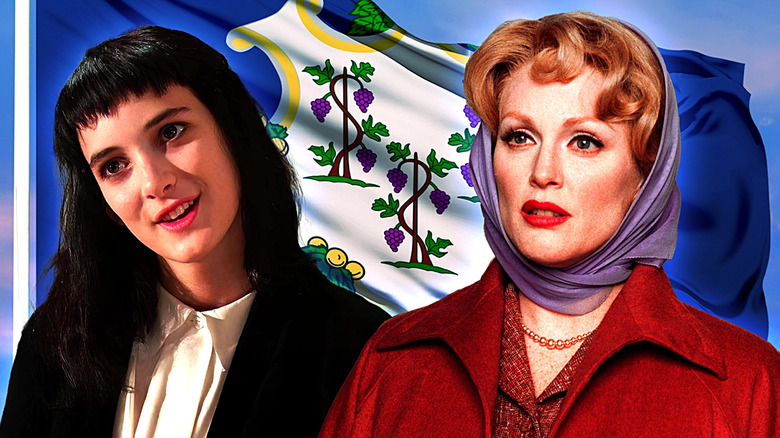 Lydia Deetz from Beetlejuice and Cathy Whitaker from Far From Heaven set against the Connecticut flag