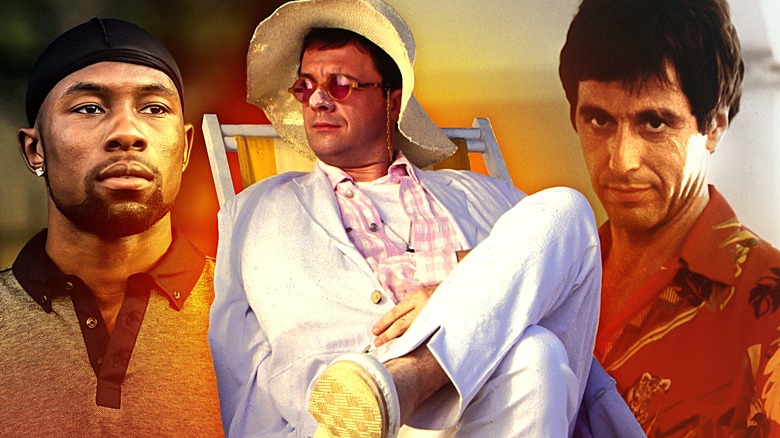 Collage of Trevante Rhodes as Black, Nathan Lane as Albert Goldman, and Al Pacino as Tony Montana