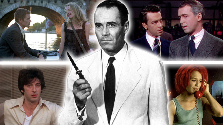 A collage of Juror 8 (Henry Fonda) holding a knife in 12 Angry Men (1957) surrounding by, in clockwise order, Brandon Shaw (John Dall) and Rupert Cadell (James Stewart) in Rope, Lola (Franka Potente) in Run Lola Run, Sonny Wortzik (Al Pacino) in Dog Day Afternoon, and Jesse (Ethan Hawke) and Céline (Julie Delpy) in Before Sunset