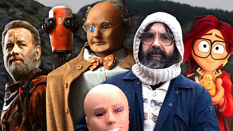 A collage of Tom Hanks as Caleb with robot Finch, David Earl as Brian with robot Charles in Brian and Charlies, and Katie Mitchell from Mitchells vs the Machines