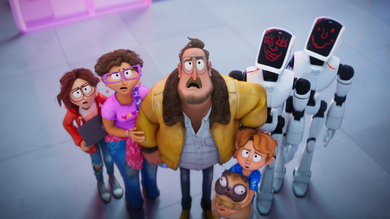 The Mitchell Family standing with two robots and looking upwards in The Mitchells Vs. The Machines