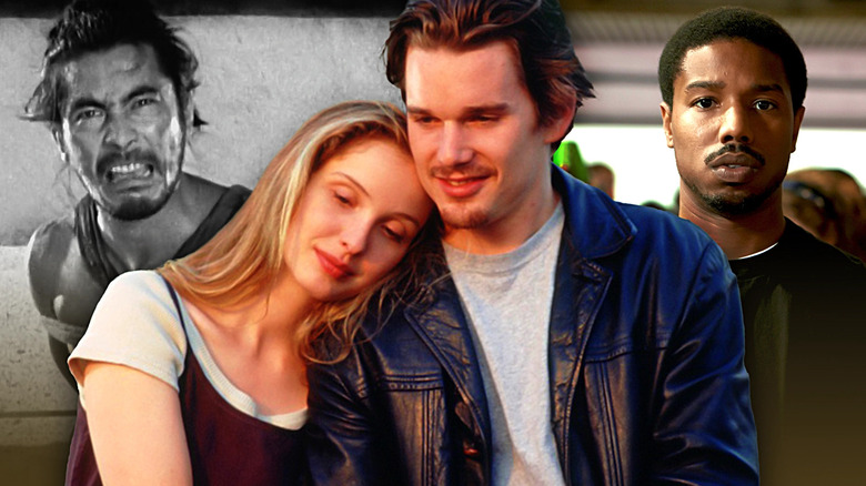 Collage of Toshiro Mifune as Tajōmaru in Rashomon; Ethan Hawke as Jesse and Julie Delpy as Céline in Before Sunrise; and Michael B Jordan in Fruitvale Station