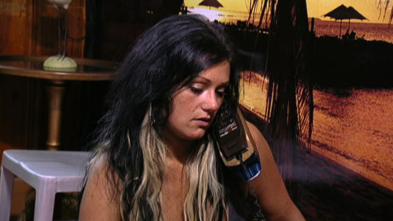 Jwoww speaks on a wired phone in Jersey Shore
