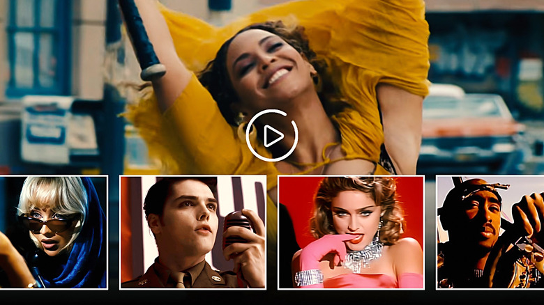 A composite shot of music video images: Beyonce in Hold Up, Sabrina Carpenter in Please Please Please, My Chemical Romance in The Ghost of You, Madonna in Material Girl, and Tupac Shakur in California Love