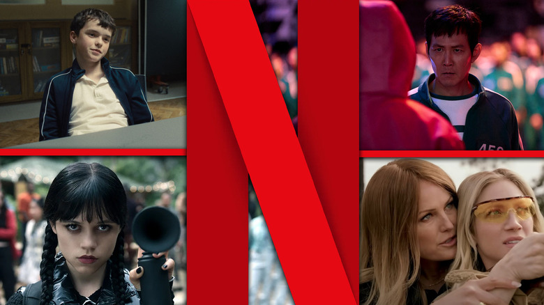Images from the Netflix shows Adolescence, Wednesday, Squid Game, and The Hunting Wives with the Netflix logo in the center