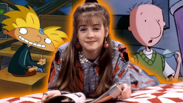Melissa Joan Hart as Clarissa in Clarissa Explains It All, surrounded by Arnold in Hey Arnold! and Doug in Doug.