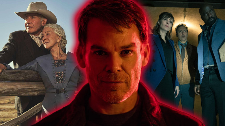 Michael C. Hall in Dexter: Resurrection surrounded by shots from 1923 and Evil in a composite image