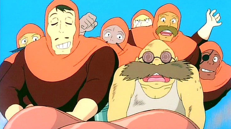 Dola's gang rides through the air in Castle in the Sky