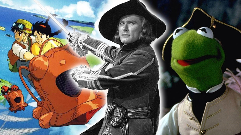 A collage of Pazu and Sheeta in Castle in the Sky, Peter Blood (Errol Flynn) in Captain Blood (1935), and Kermit the Frog in Muppet Treasure Island