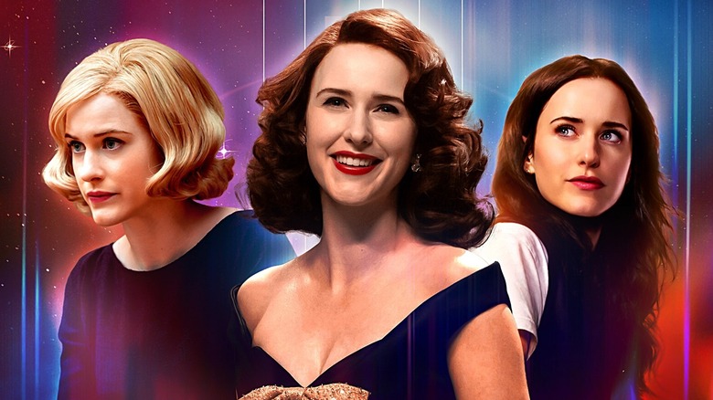 Rachel Brosnahan in Marvelous Mrs. Maisel in the middle, and in Superman and The Courier on the sides