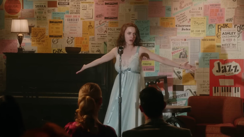 Midge (Rachel Brosnahan) doing standup in her nightgown in The Marvelous Mrs. Maisel